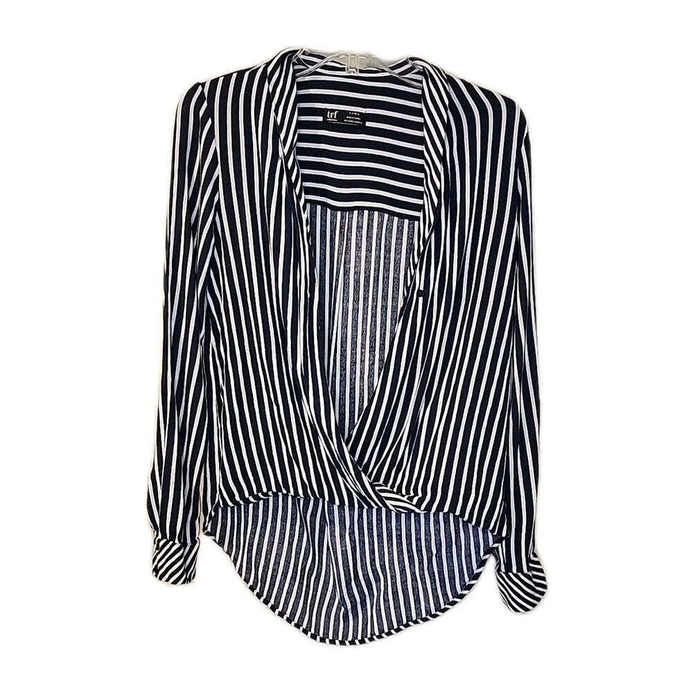 Zara trf Collection Stripe Collar Work Long Sleeve Size S Navy Blue White
